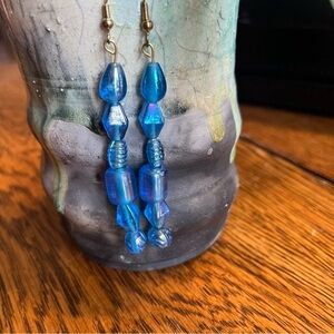 5/$100 Vintage Art Glass Brass Long Shimmery Handmade Dangle Earrings OOAK C2